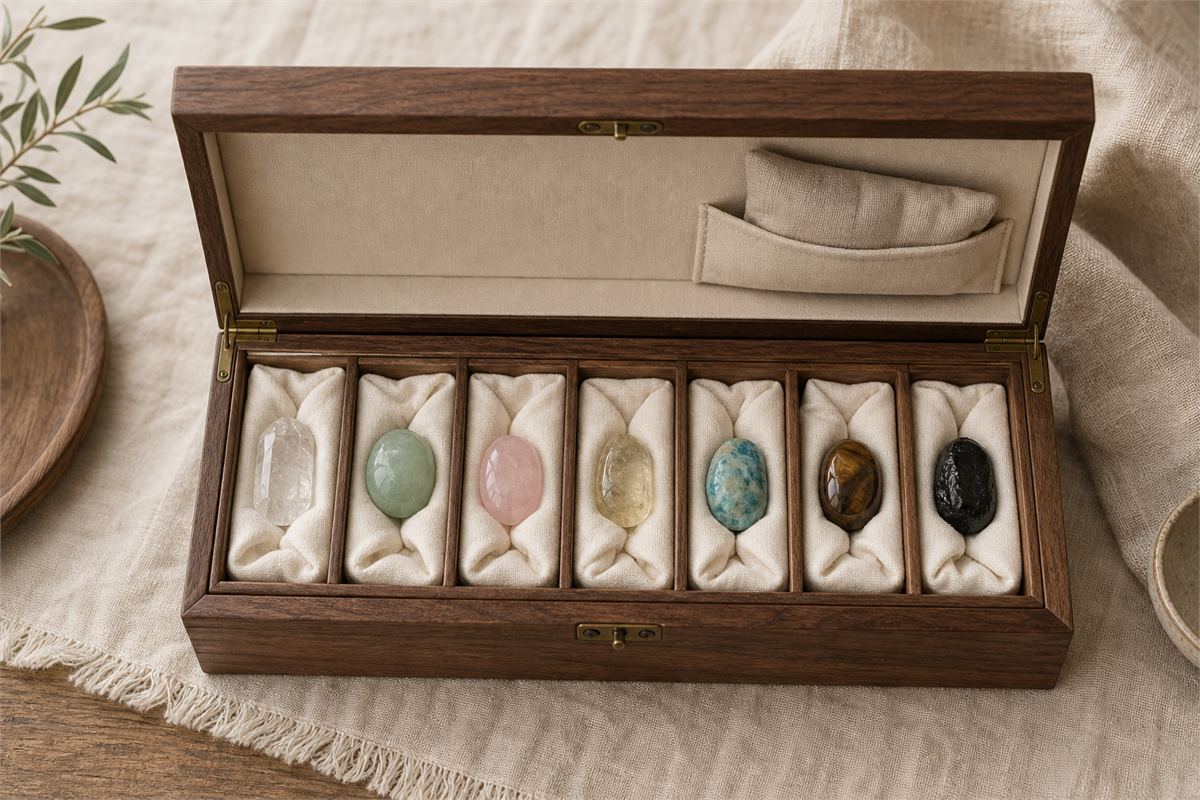 Seven individually wrapped stones placed in separate compartments of a lined storage box.
