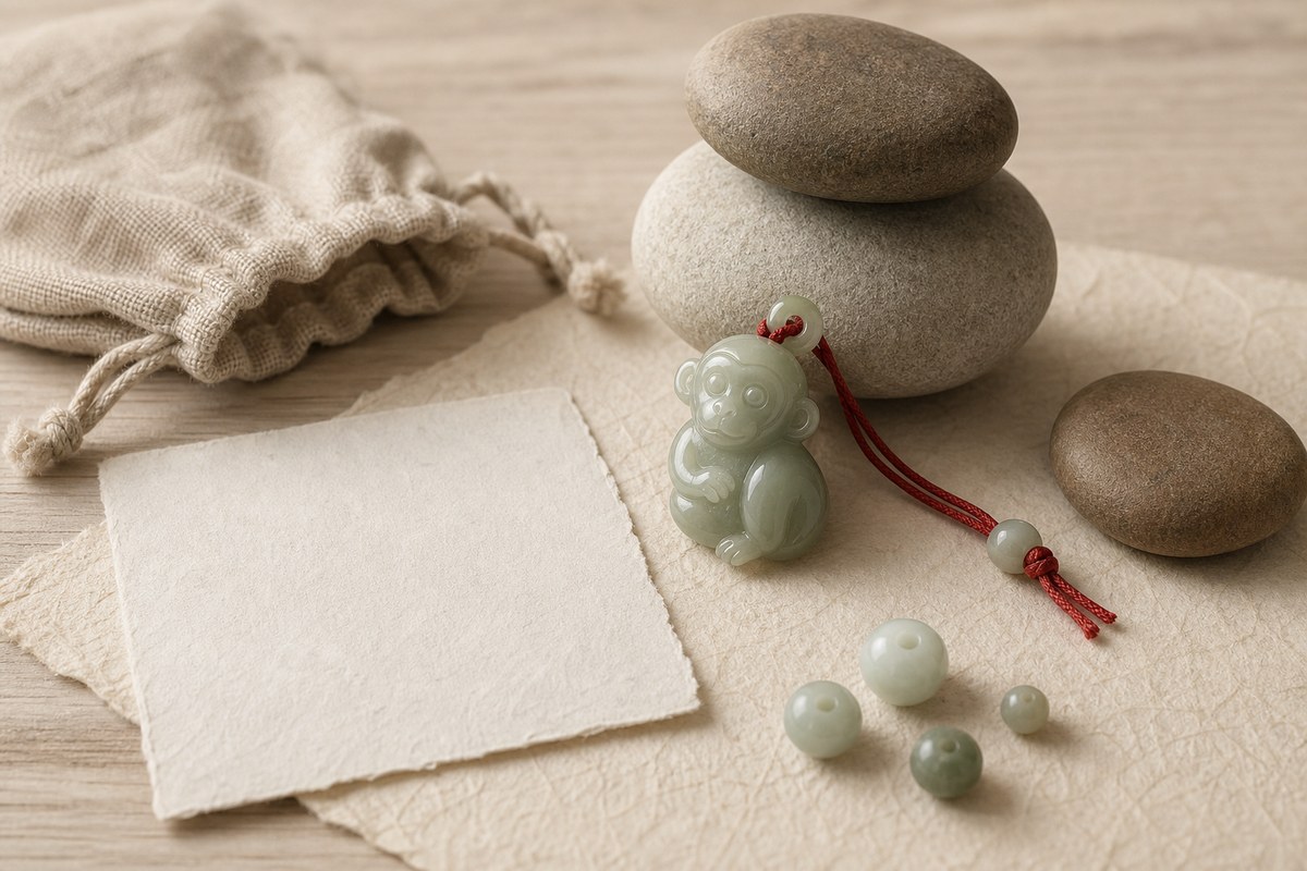 Small jade Dog zodiac token with red cord, blank paper, jade beads, and balanced stones