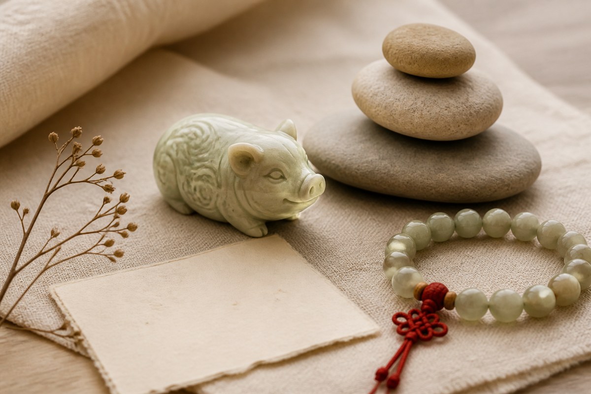 Carved Dog zodiac token with balanced stones, jade beads, red cord, and blank handmade paper