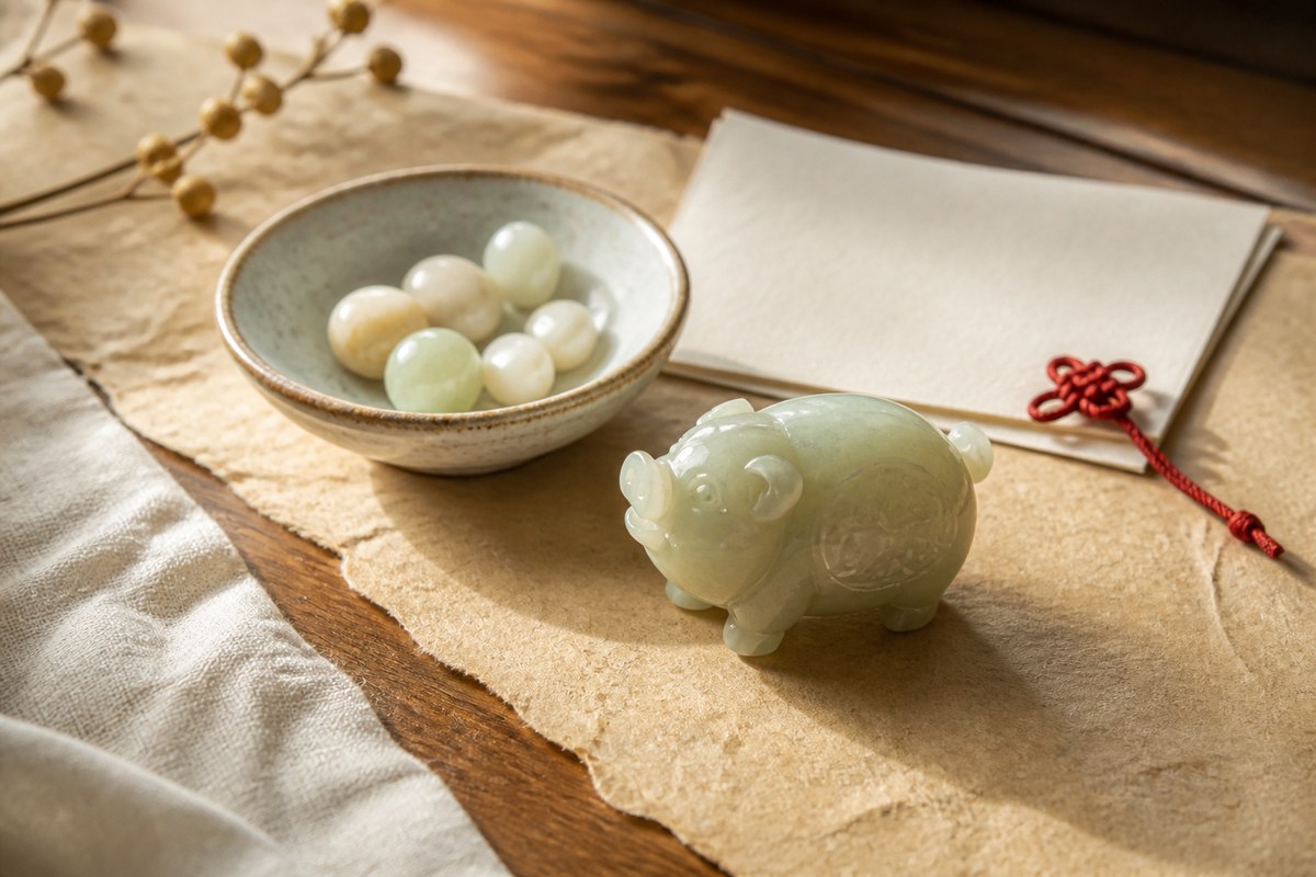 Jade Dog zodiac token beside a bowl of jade beads, blank note card, red cord knot, and handmade paper