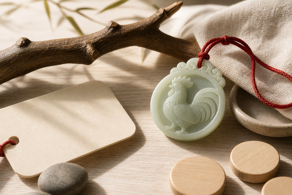 Jade Dog zodiac pendant with red cord, blank cards, and smooth stones on warm handmade paper