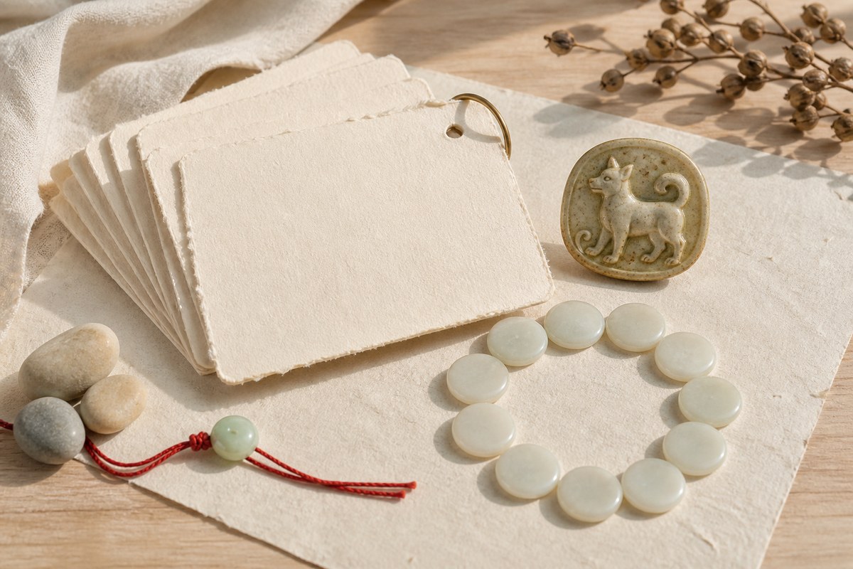 Dog zodiac plaque with blank cycle markers, handmade paper cards, stones, and a red cord accent