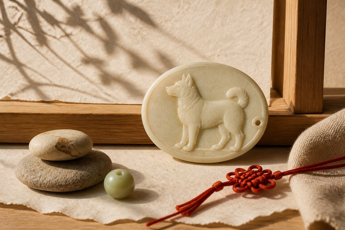 Cream ceramic Dog zodiac plaque with stones, jade bead, red cord knot, and a pale wood threshold detail