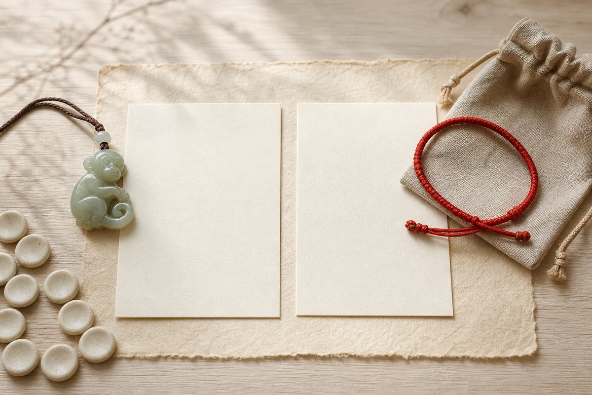 Two blank handmade paper cards separating a jade Dog zodiac token from a red cord bracelet and pouch