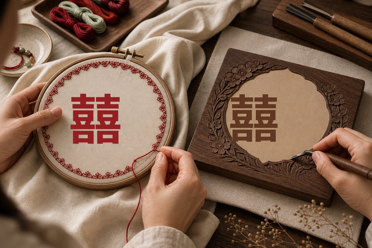 Hands working on an embroidered Double Happiness motif and a carved wood Double Happiness panel