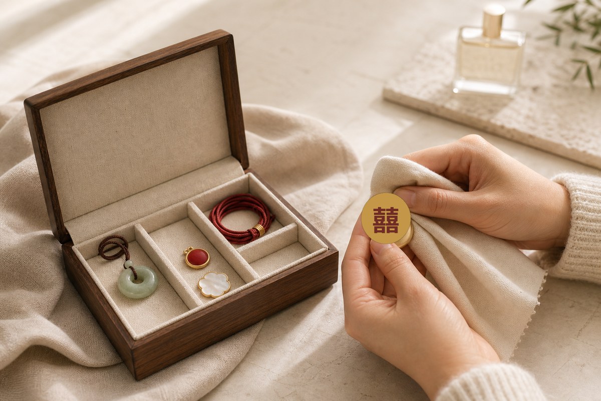 Hands wiping a gold Double Happiness pendant beside separately stored jade, enamel, mother-of-pearl, and red cord jewelry