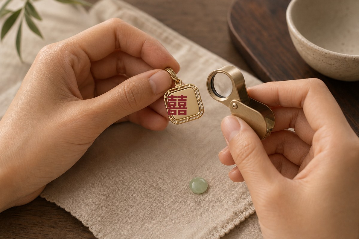 Hands using a jeweler's loupe to inspect a matte-gold Double Happiness pendant and pale jade cabochon