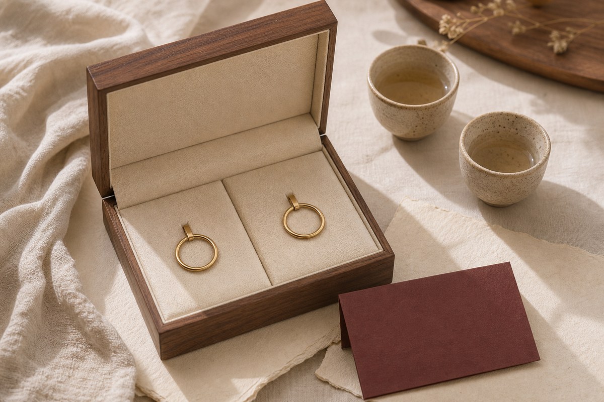Open walnut gift box with paired gold pendants, two ivory cups, and a blank burgundy card