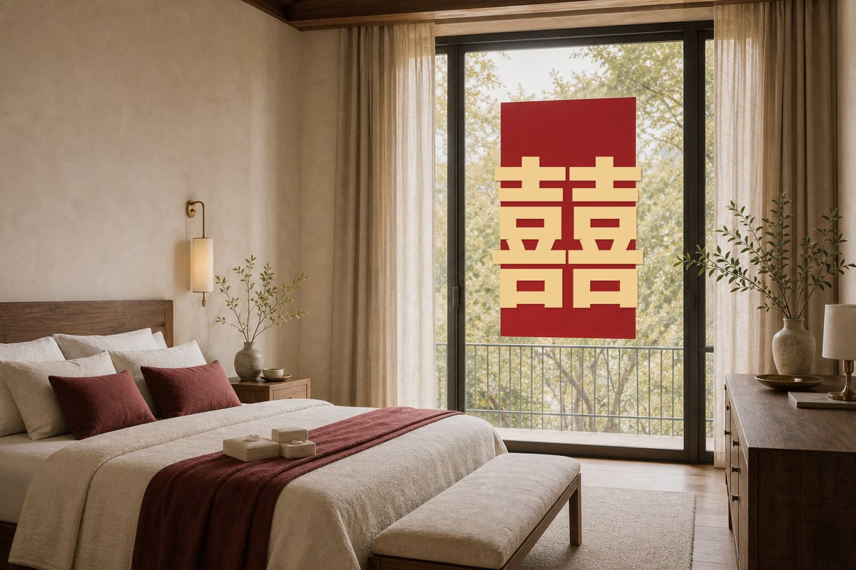 Modern Eastern wedding room with an upright Double Happiness character centered on a glass door