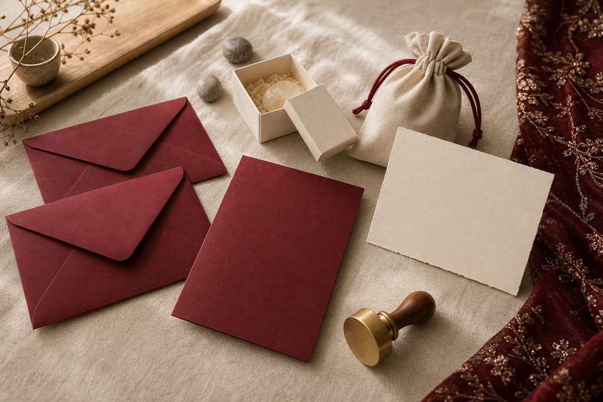 Burgundy invitations and envelopes with an ivory candy box, table card, favor pouch, brass seal, and embroidered fabric