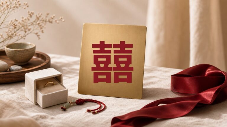 Matte-brass Double Happiness character beside burgundy ribbon, an ivory ring box, and red cord
