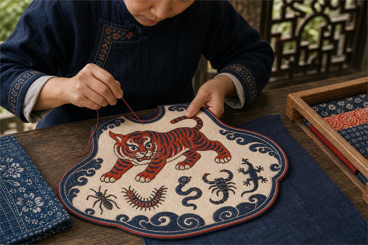 Adult textile artisan stitching a tiger and Five Poisons festival motif