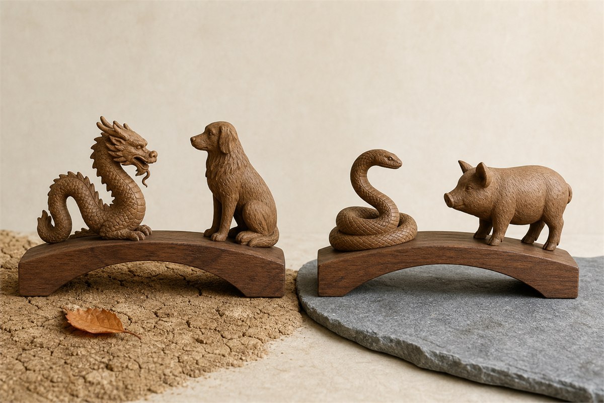 Carved Eastern dragon and dog figures beside a separate snake and pig pair