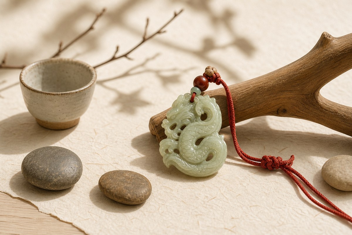 Carved jade Eastern dragon charm beside pale wood, stone markers, ceramic cup, branch shadows, and red cord