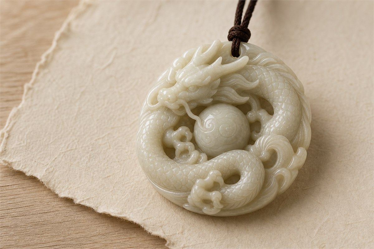 Cream nephrite dragon pendant coiled around a carved pearl