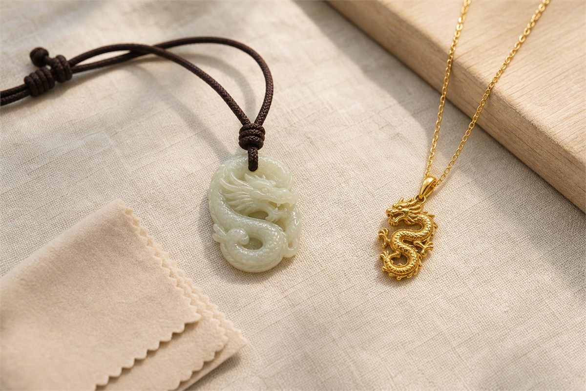 Nephrite dragon pendant on a woven cord beside a gold dragon pendant on a chain