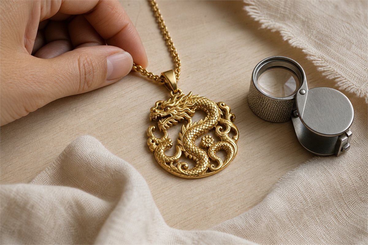 Gold dragon pendant examined beside a jeweler's loupe in natural light