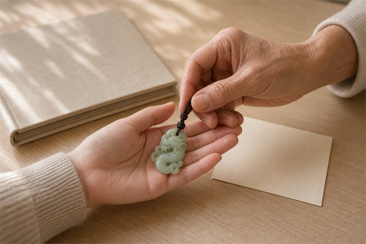 Older adult placing a jade dragon pendant into a younger person's open hand
