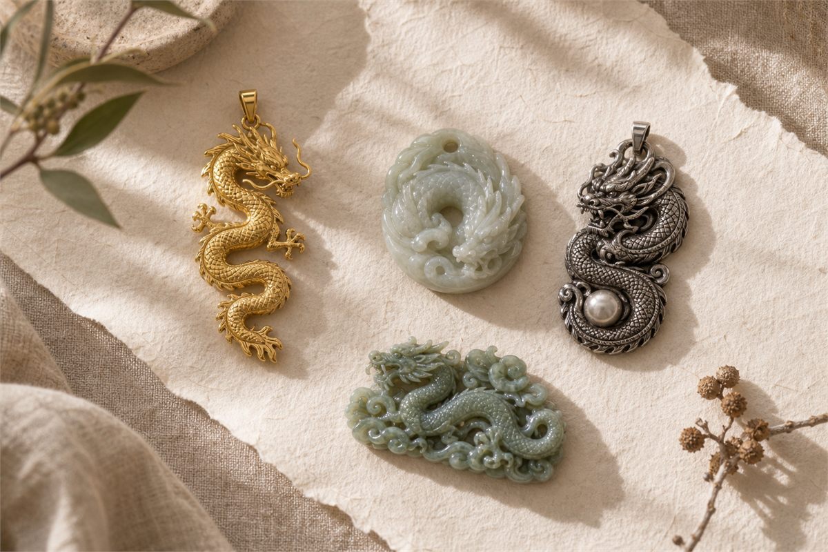 Four Chinese dragon pendants in gold, nephrite, silver, and jade