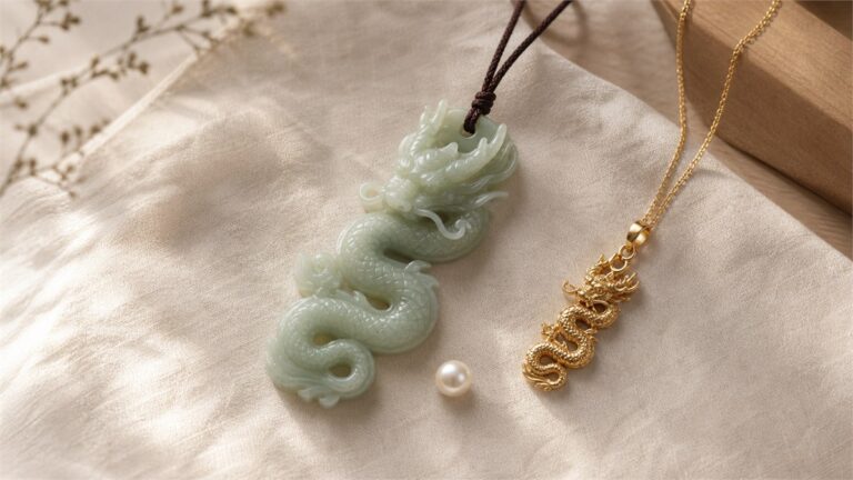 Jade and gold Chinese dragon pendants arranged on warm ivory linen