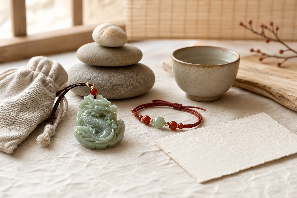 Small jade Eastern dragon charm beside balanced stones, red cord bracelet, linen pouch, and blank note card