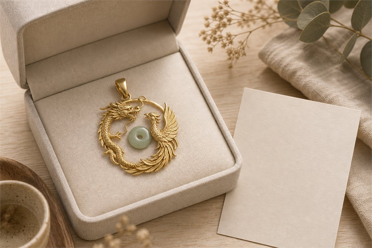 Gold dragon and phoenix pendant arranged around a pale jade center