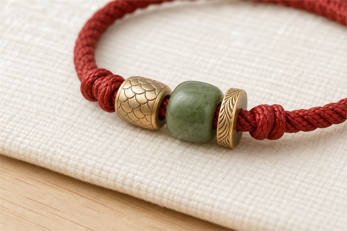 Red cord bracelet detail with green stone and brushed metal scale and feather patterns