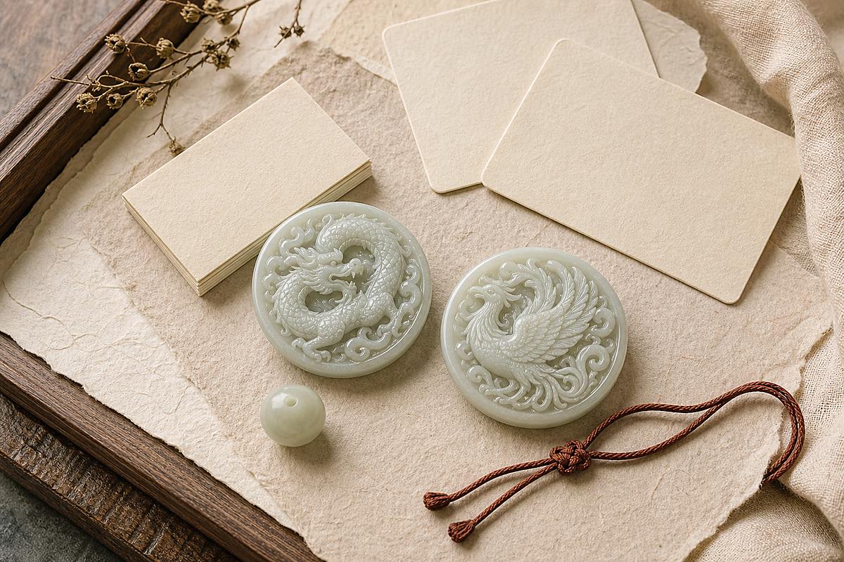 Jade dragon and phoenix tokens with blank cards for Dragon and Phoenix meaning