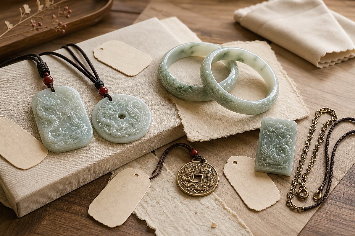 Jade pendant, paired bangles, coin charm, cord, chain, and care cloth for choosing dragon phoenix jewelry