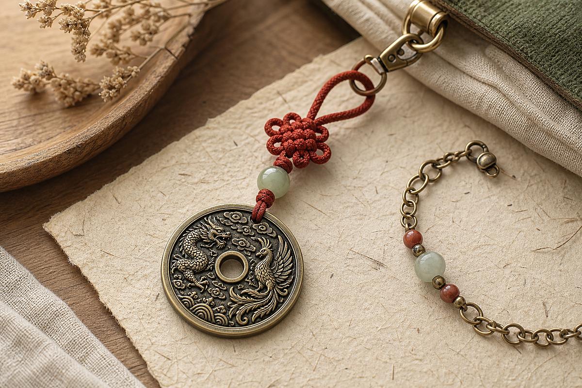 Dragon phoenix coin charm with red cord knot, jade bead, and soft brass clasp