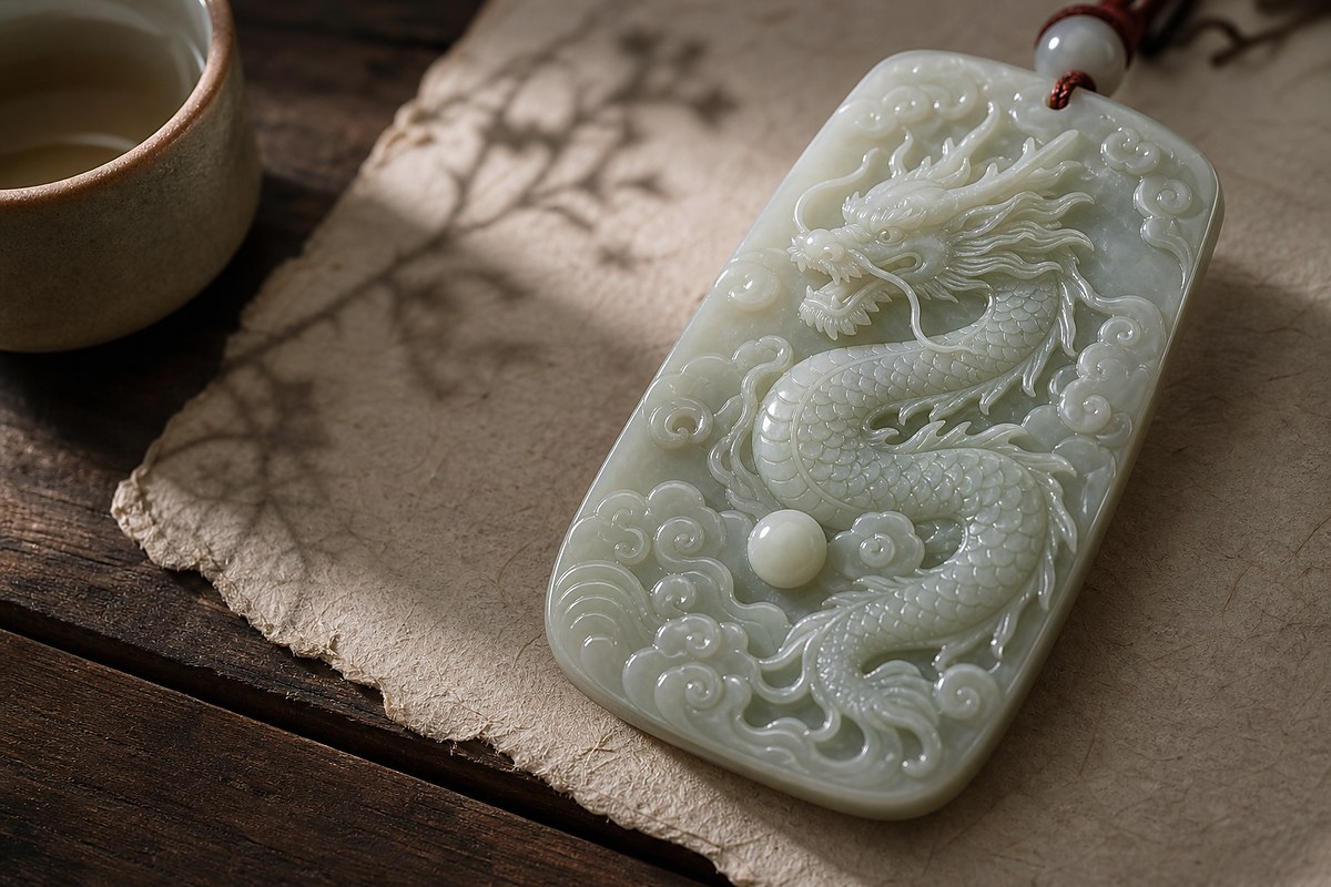 Close view of a jade Eastern dragon carving with cloud motif on handmade paper