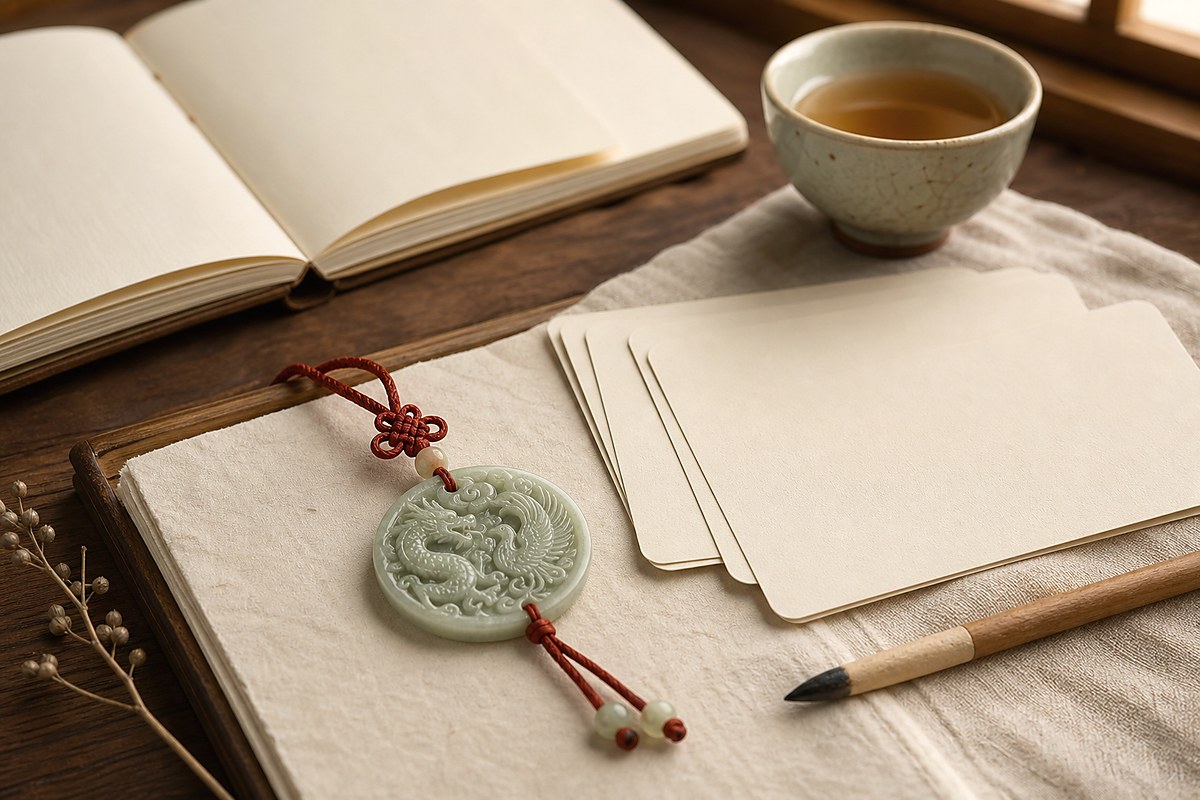 Dragon phoenix jade charm with blank note cards, tea cup, and red cord for FAQ reference