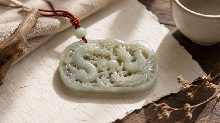 Jade dragon and phoenix pendant on handmade paper for Dragon and Phoenix meaning