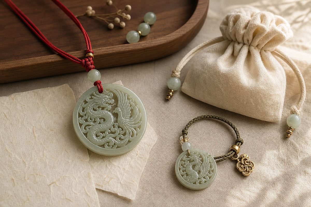 Dragon phoenix jade pendant, bracelet charm, red cord, and cream gift pouch on linen