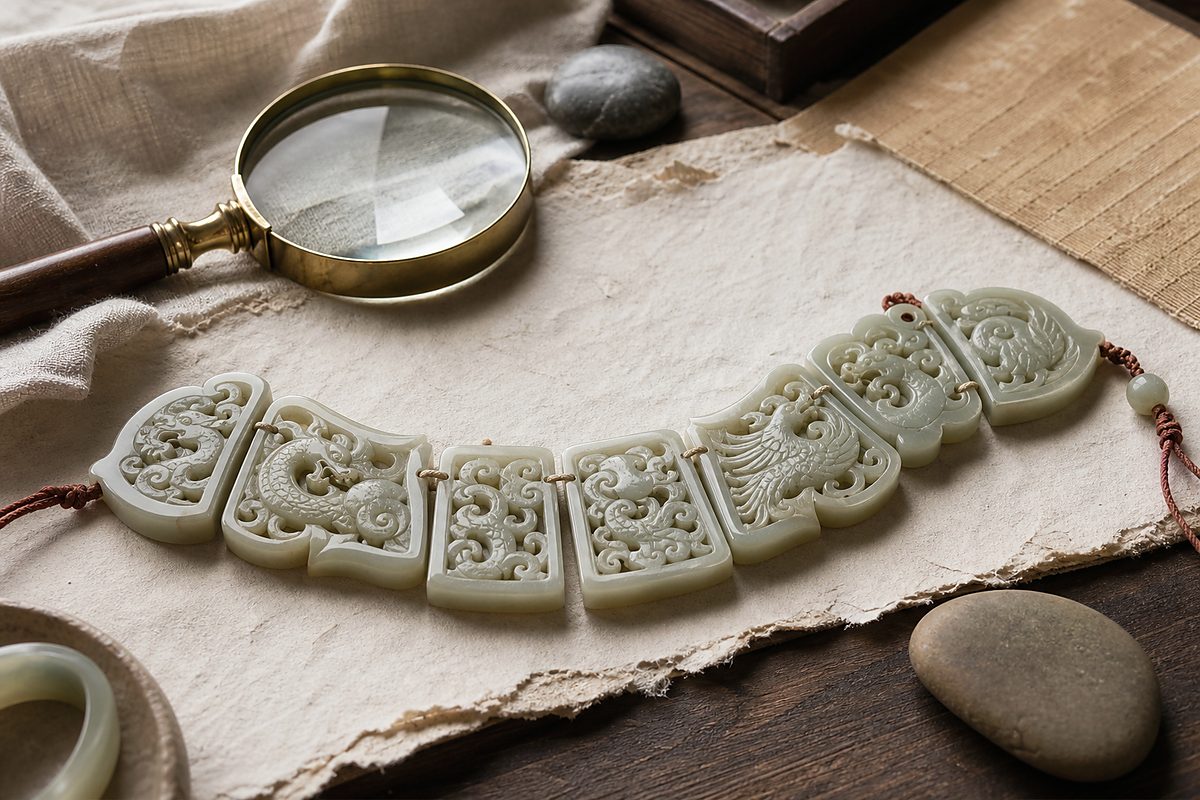 Segmented jade ornament inspired by ancient dragon phoenix group pendants on handmade paper