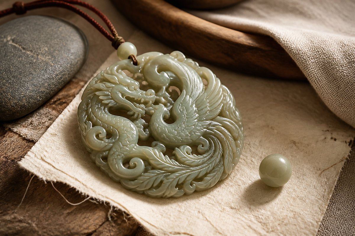 Hybrid dragon phoenix jade carving with a small pearl form on handmade paper