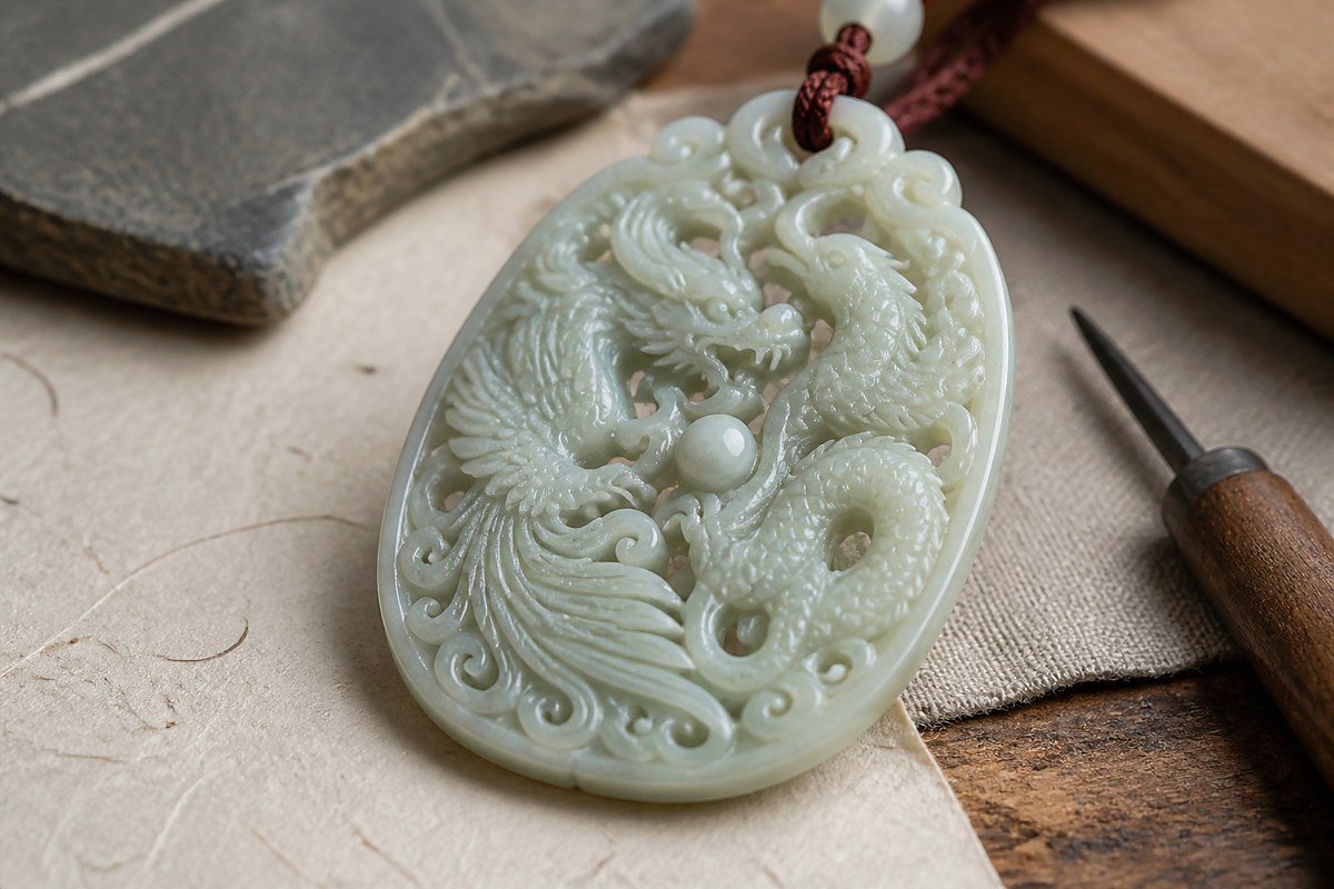 Pale jade dragon and phoenix carving with clean relief lines on handmade paper