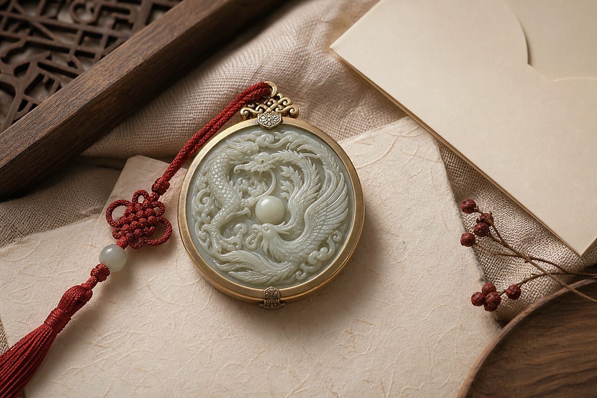 Round jade and brass dragon phoenix ornament circling a pearl on handmade paper