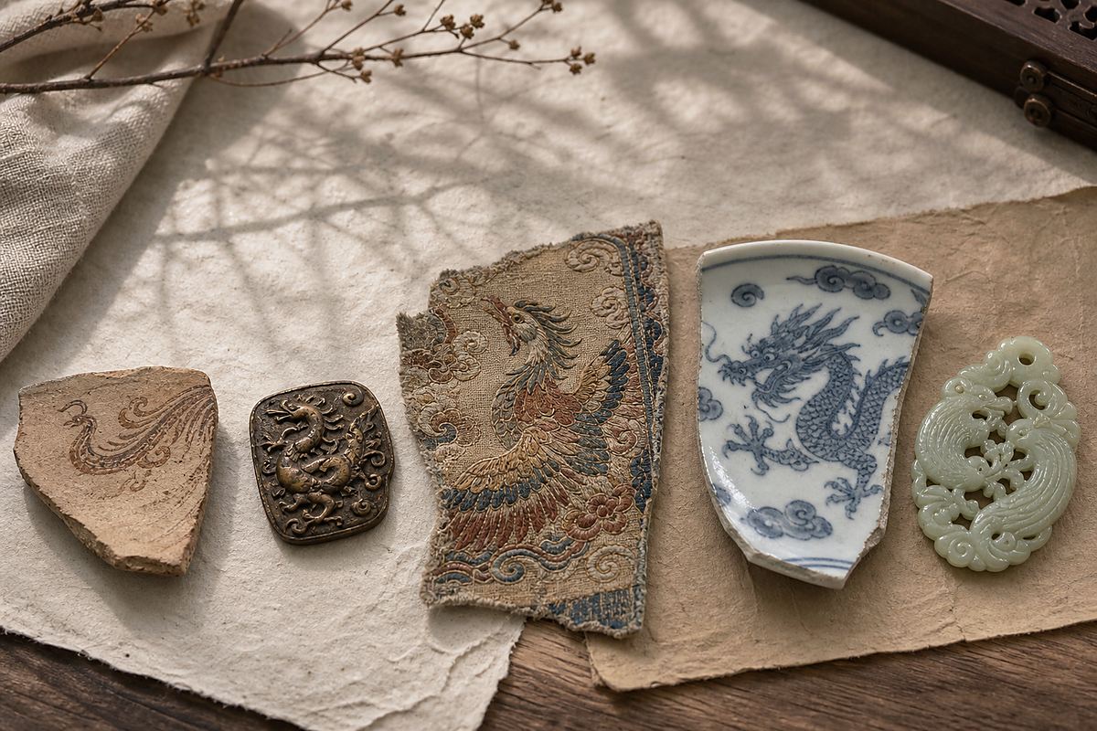 Pottery, textile, porcelain, bronze, and jade motif objects showing dragon phoenix evolution