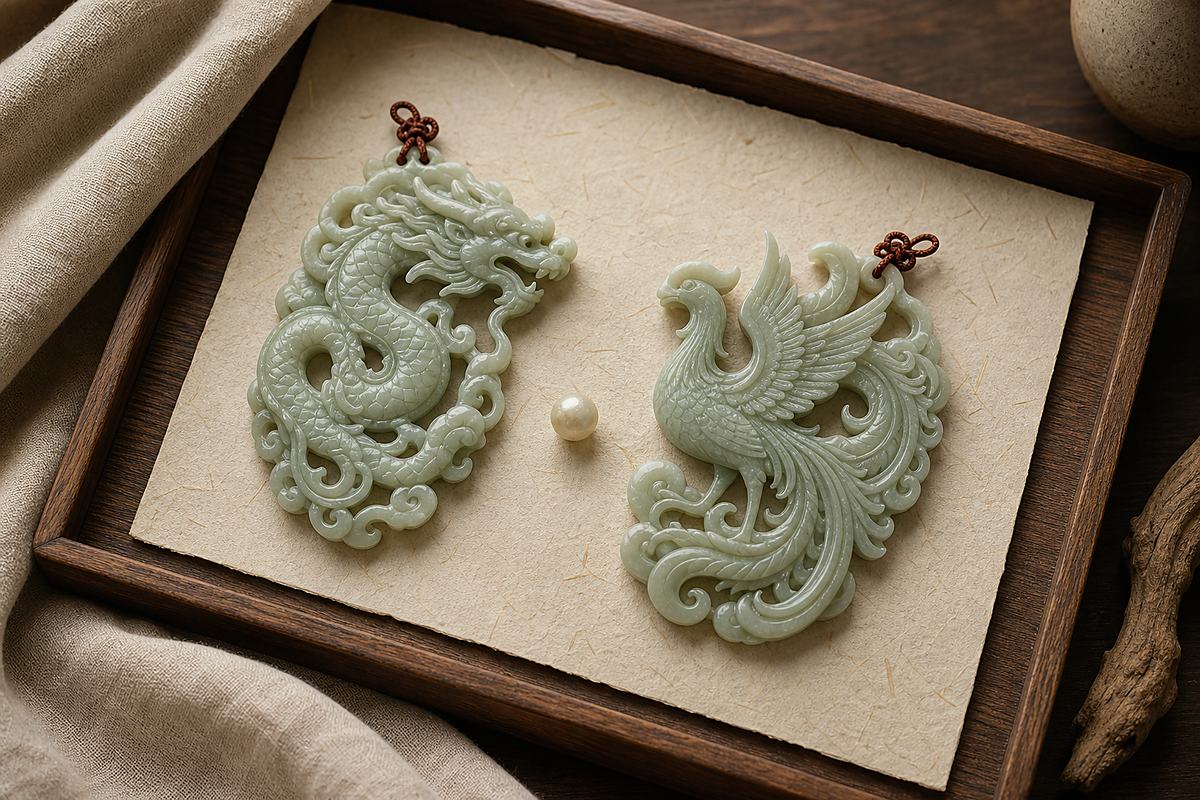 Separate jade dragon and phoenix carvings facing each other around a small pearl bead