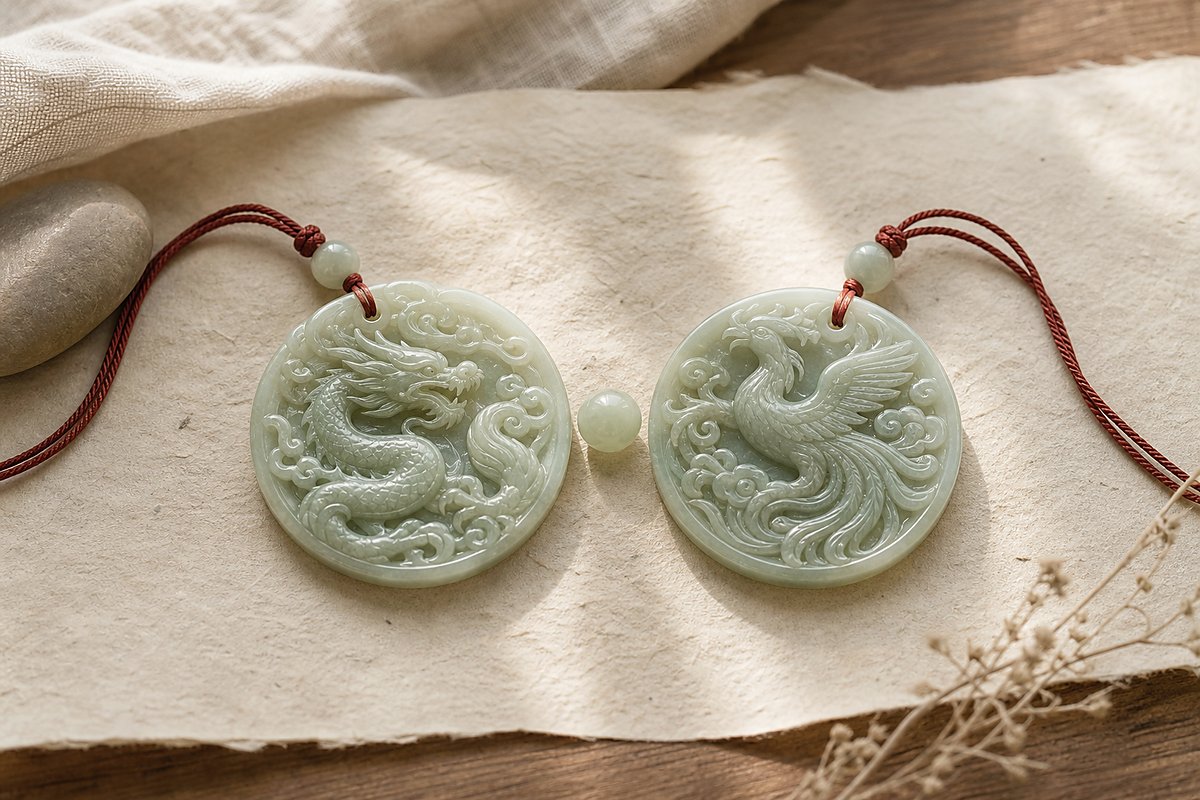 Two carved jade medallions with dragon and phoenix motifs facing around a jade bead