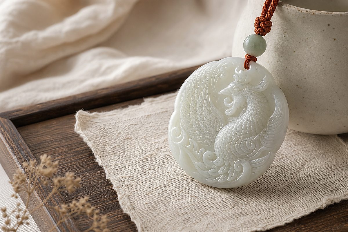 Carved phoenix motif in pale jade or ceramic on warm ivory linen