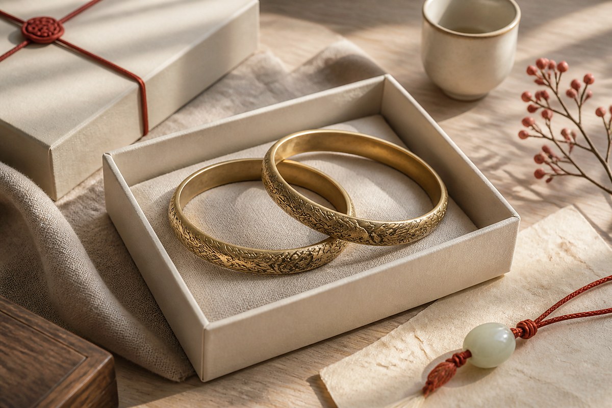 Paired dragon phoenix bangles in a cream wedding gift box with jade bead and red cord