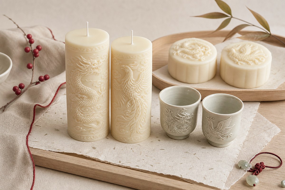 Ivory candles, ceramic cups, and cream wedding pastries with subtle dragon phoenix motifs