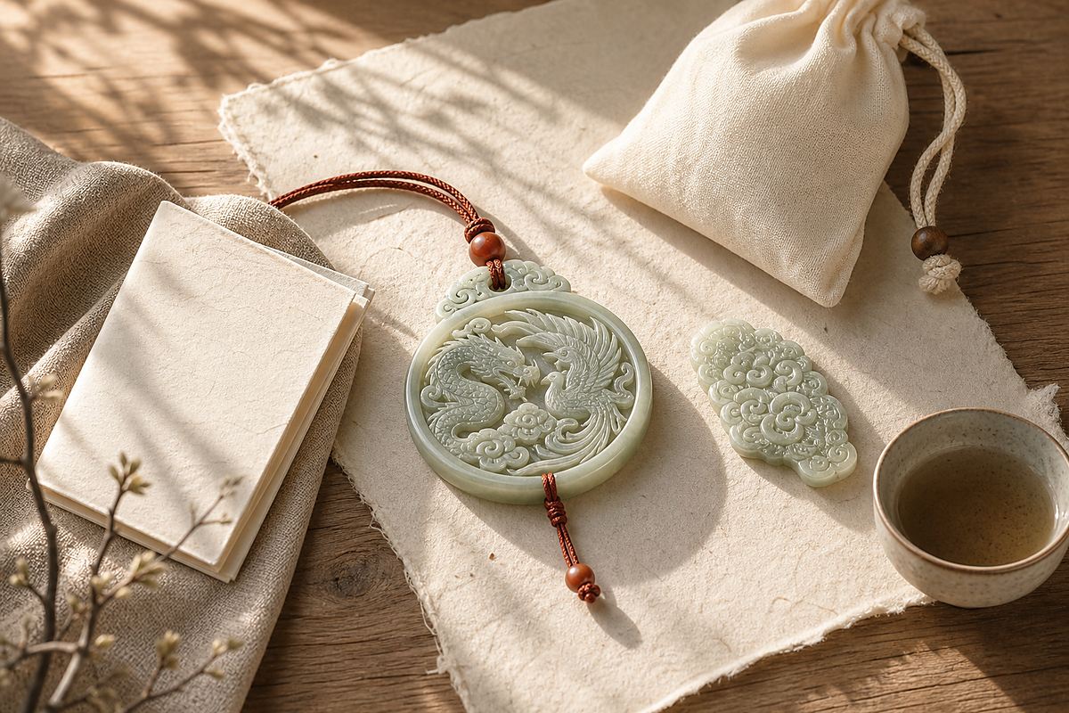 Dragon phoenix jade pendant with jade carving sample, gift pouch, and blank papers