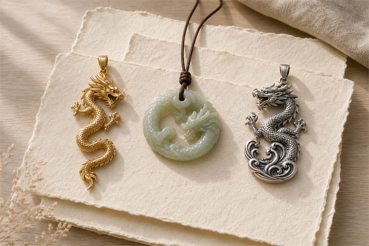 Three dragon pendants showing ascending, coiled, and wave-rising postures