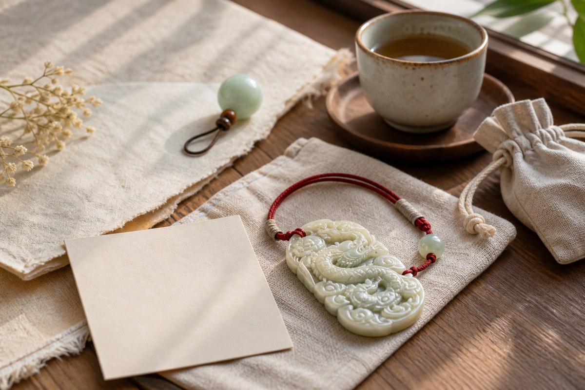 Carved jade Eastern dragon charm with red cord bracelet, jade bead, blank note card, linen pouch, and tea cup