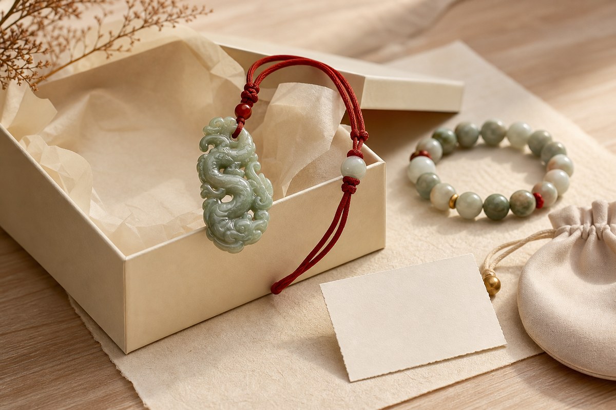Cream gift box with carved jade Eastern dragon charm, jade bead bracelet, red cord bracelet, pouch, and blank gift card