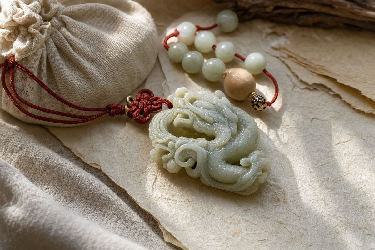 Close view of a carved jade Eastern dragon charm, jade beads, pale wood bead, red cord knot, cream pouch, and brass bead