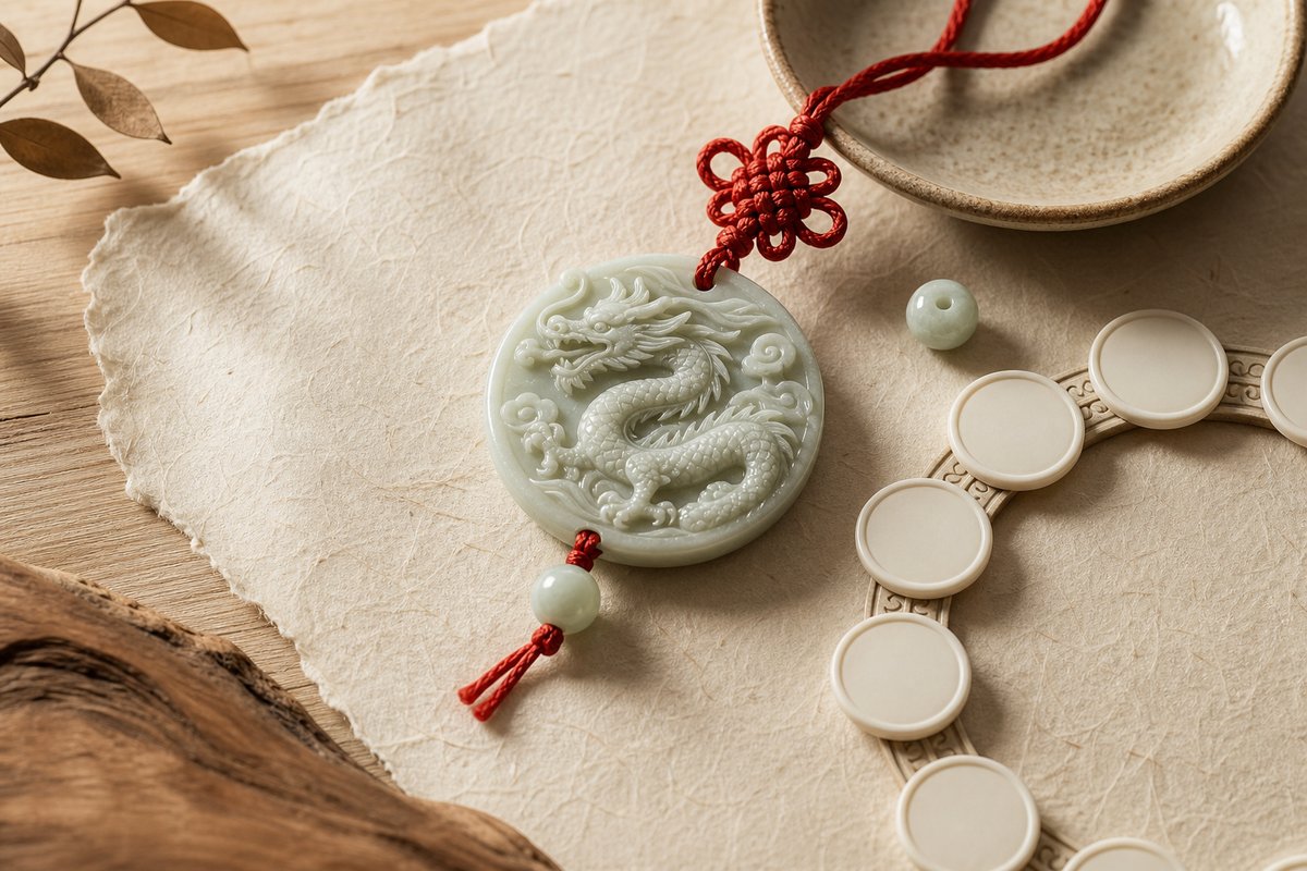 Jade Eastern dragon zodiac charm with red cord knot, jade bead, ceramic dish, and blank cycle markers